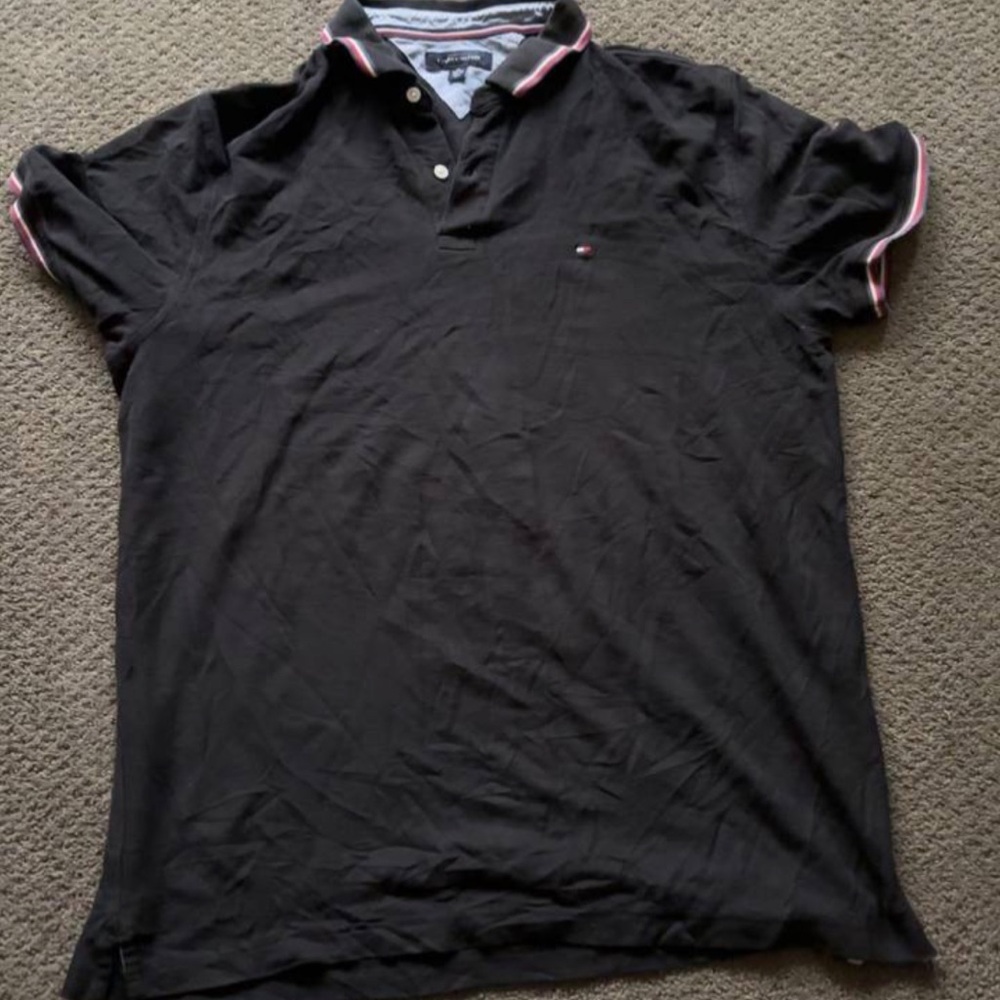 Tommy Hilfiger Black Polo with Red White Trim Y2K Classic Preppy Old Money